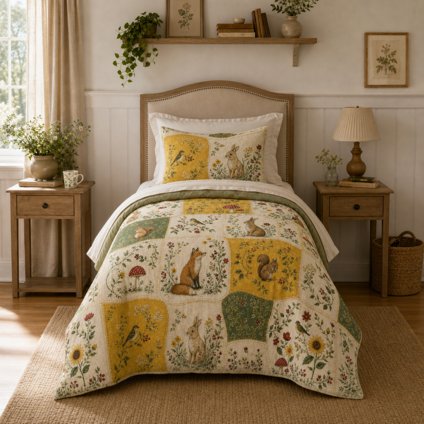 Woodland Animals Cotton Bed Set – Floral Patchwork Duvet Cover with Rabbits, Squirrels & Birds
