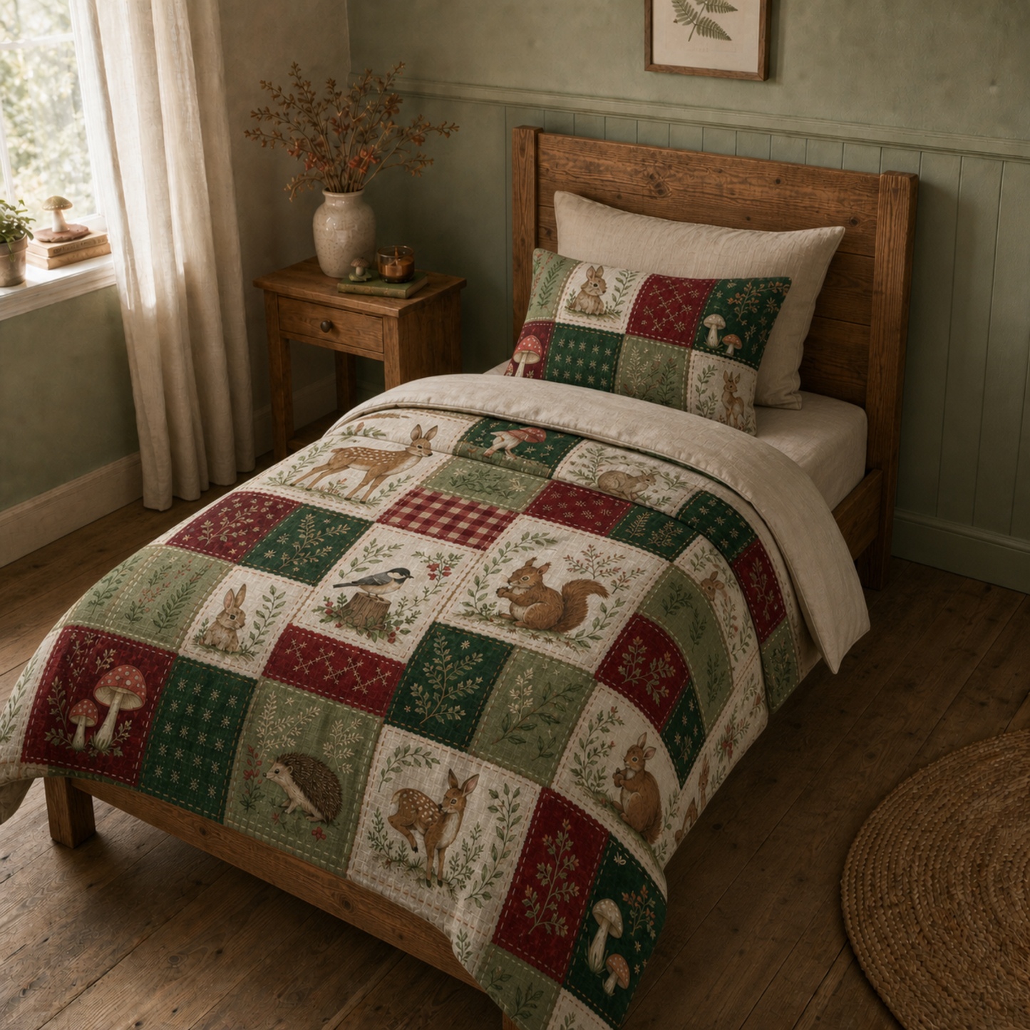 Woodland Patchwork Cotton Bed Set – Deer, Squirrel & Mushroom Duvet Cover