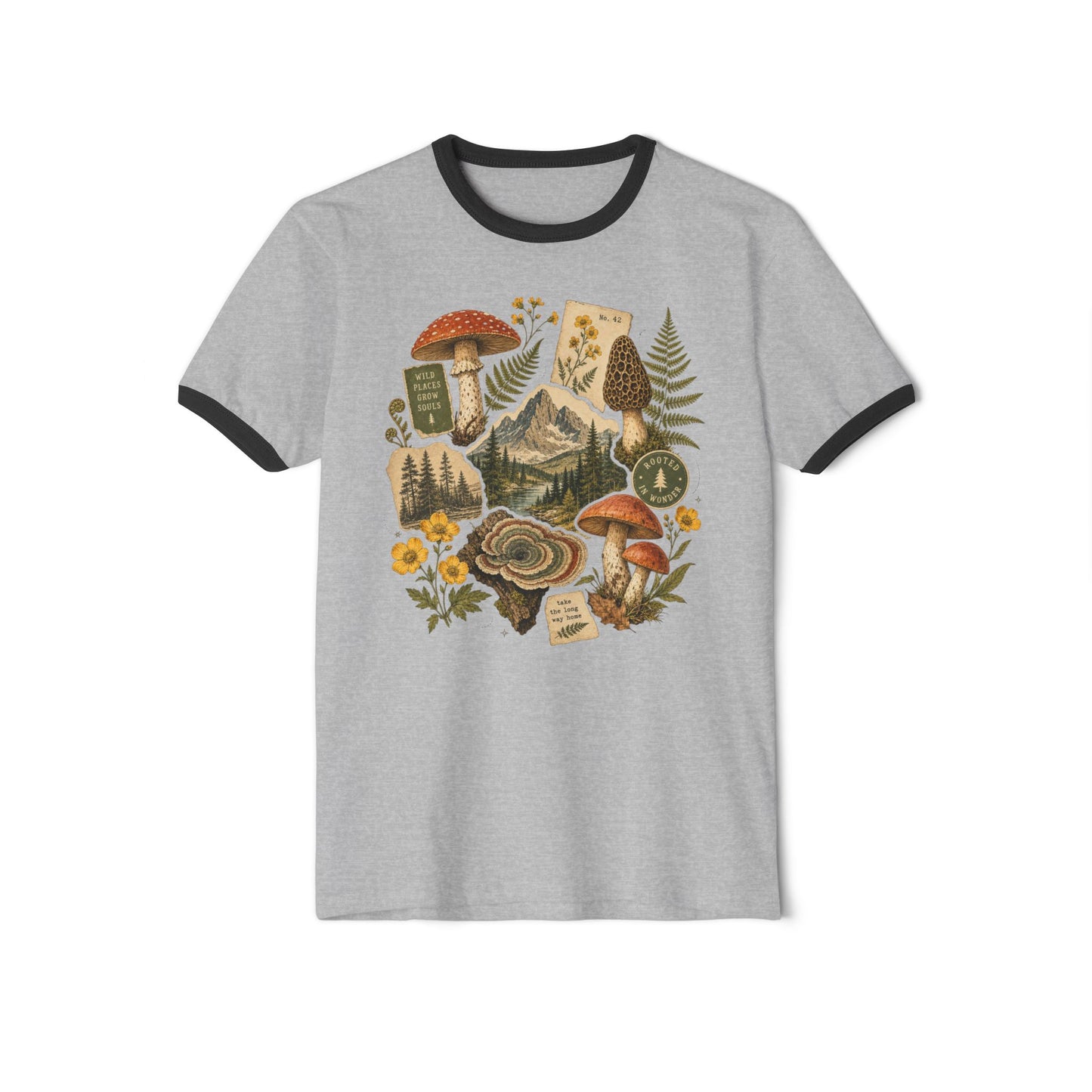 Mushroom Forager Ringer T-Shirt — Vintage Botanical Forest Tee