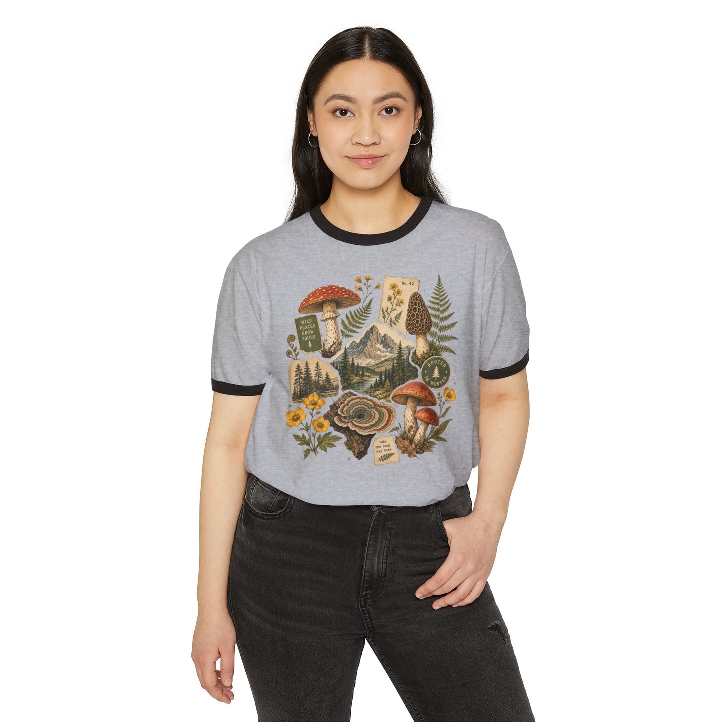 Mushroom Forager Ringer T-Shirt — Vintage Botanical Forest Tee