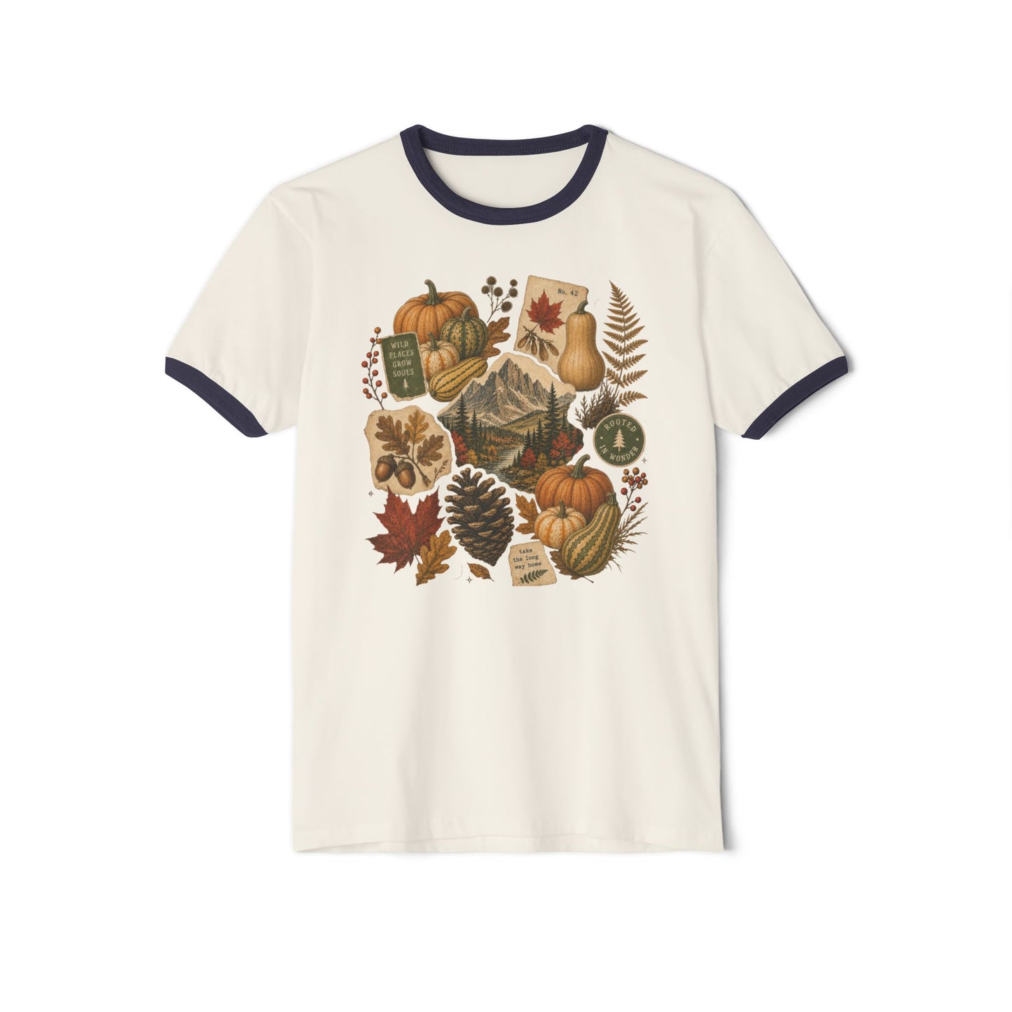 Autumn Collage Ringer Tee — Vintage Pumpkin & Fall Leaves T-Shirt