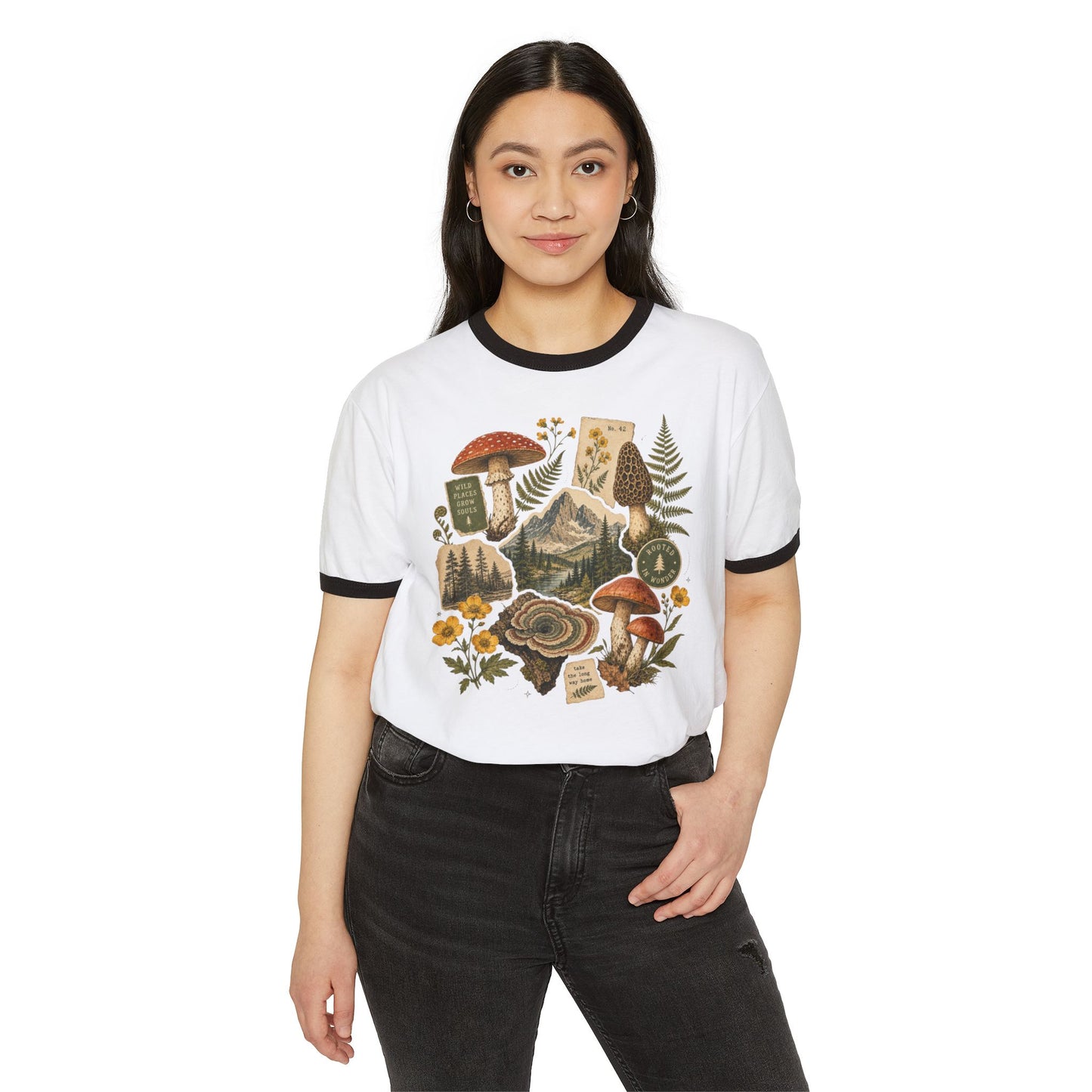 Mushroom Forager Ringer T-Shirt — Vintage Botanical Forest Tee