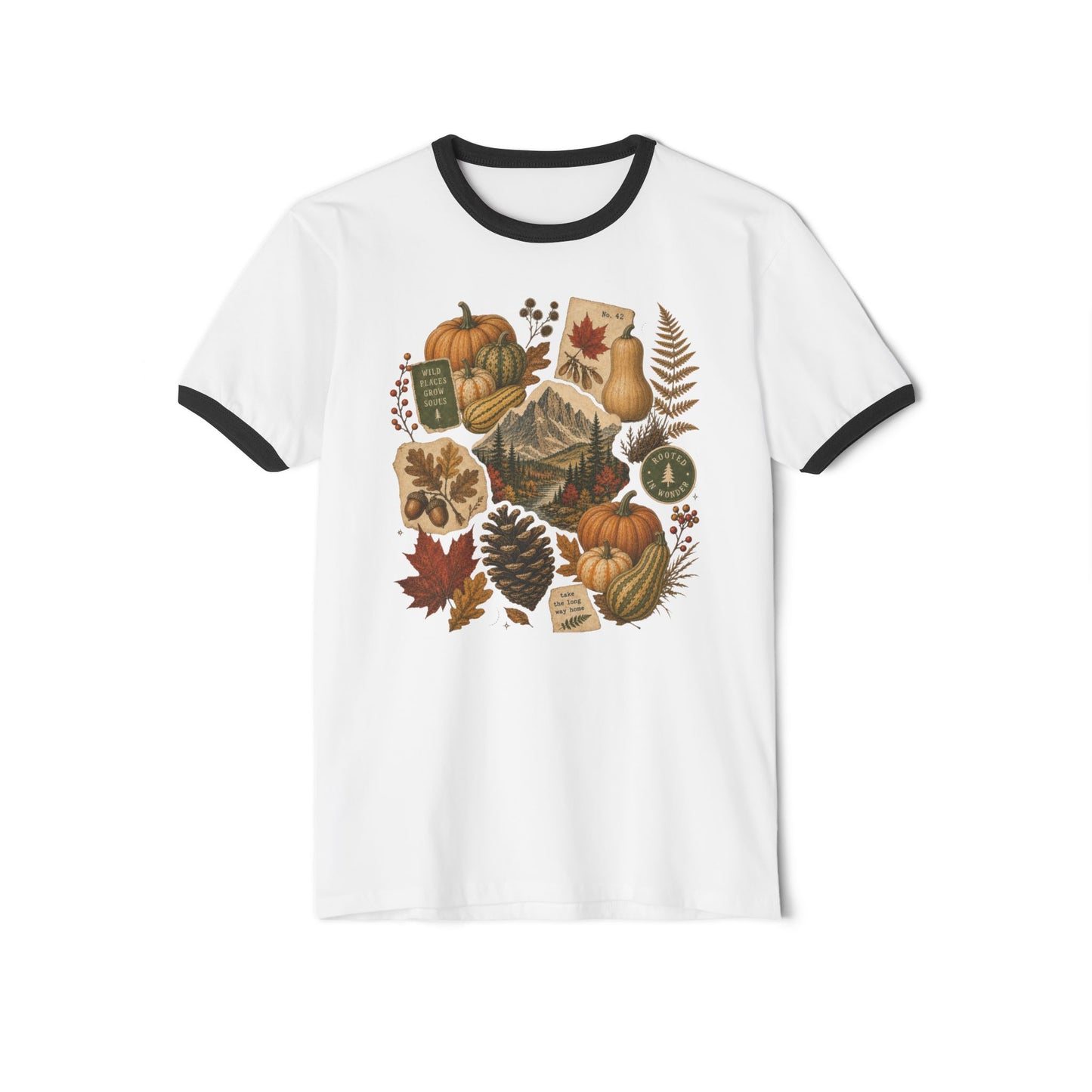 Autumn Collage Ringer Tee — Vintage Pumpkin & Fall Leaves T-Shirt