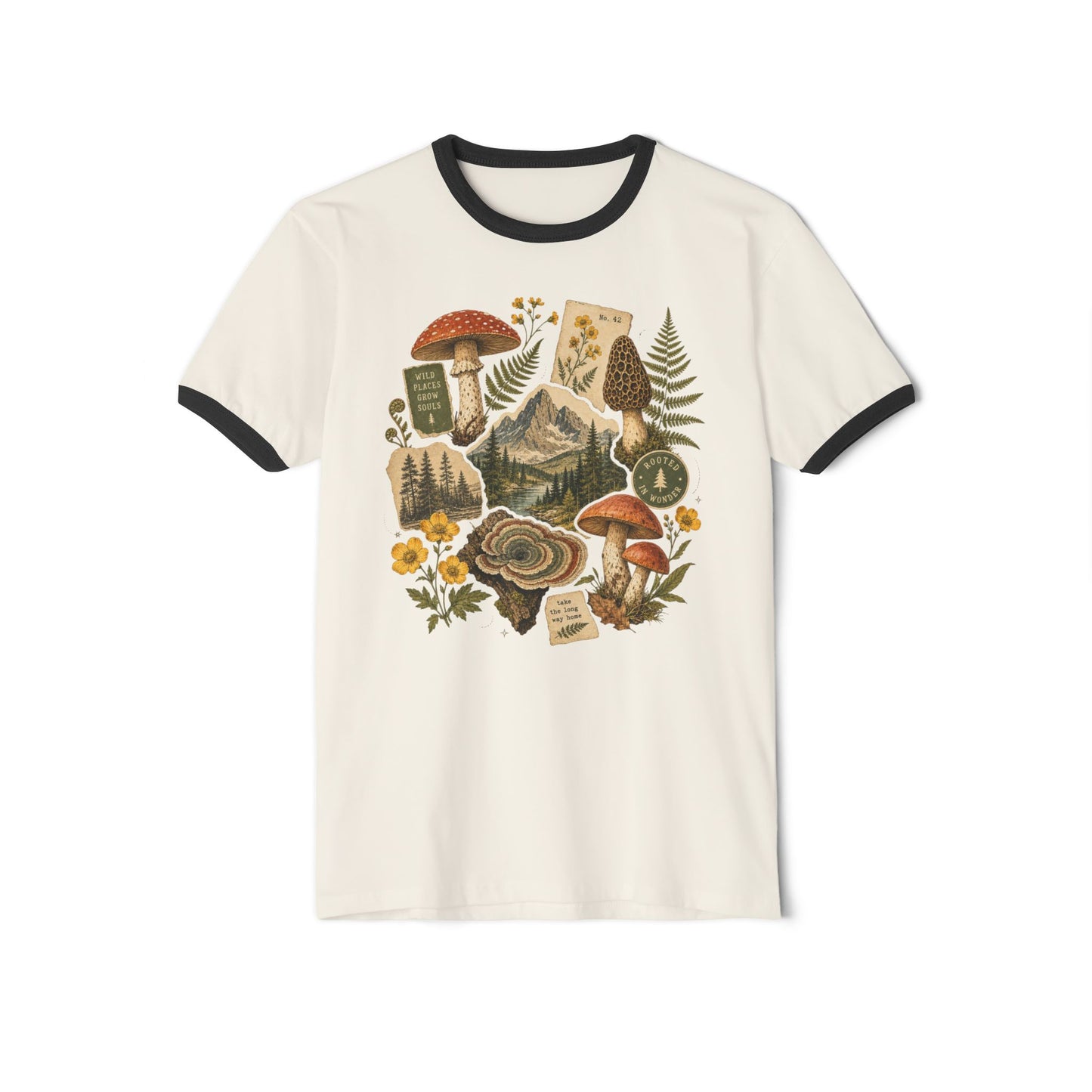 Mushroom Forager Ringer T-Shirt — Vintage Botanical Forest Tee