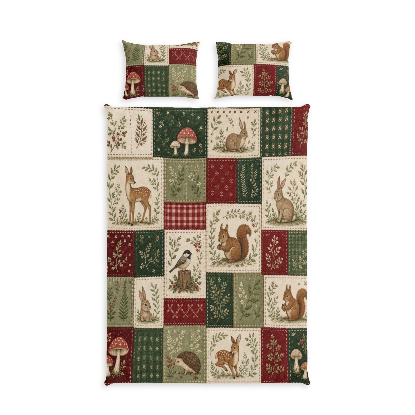 Woodland Patchwork Cotton Bed Set – Deer, Squirrel & Mushroom Duvet Cover