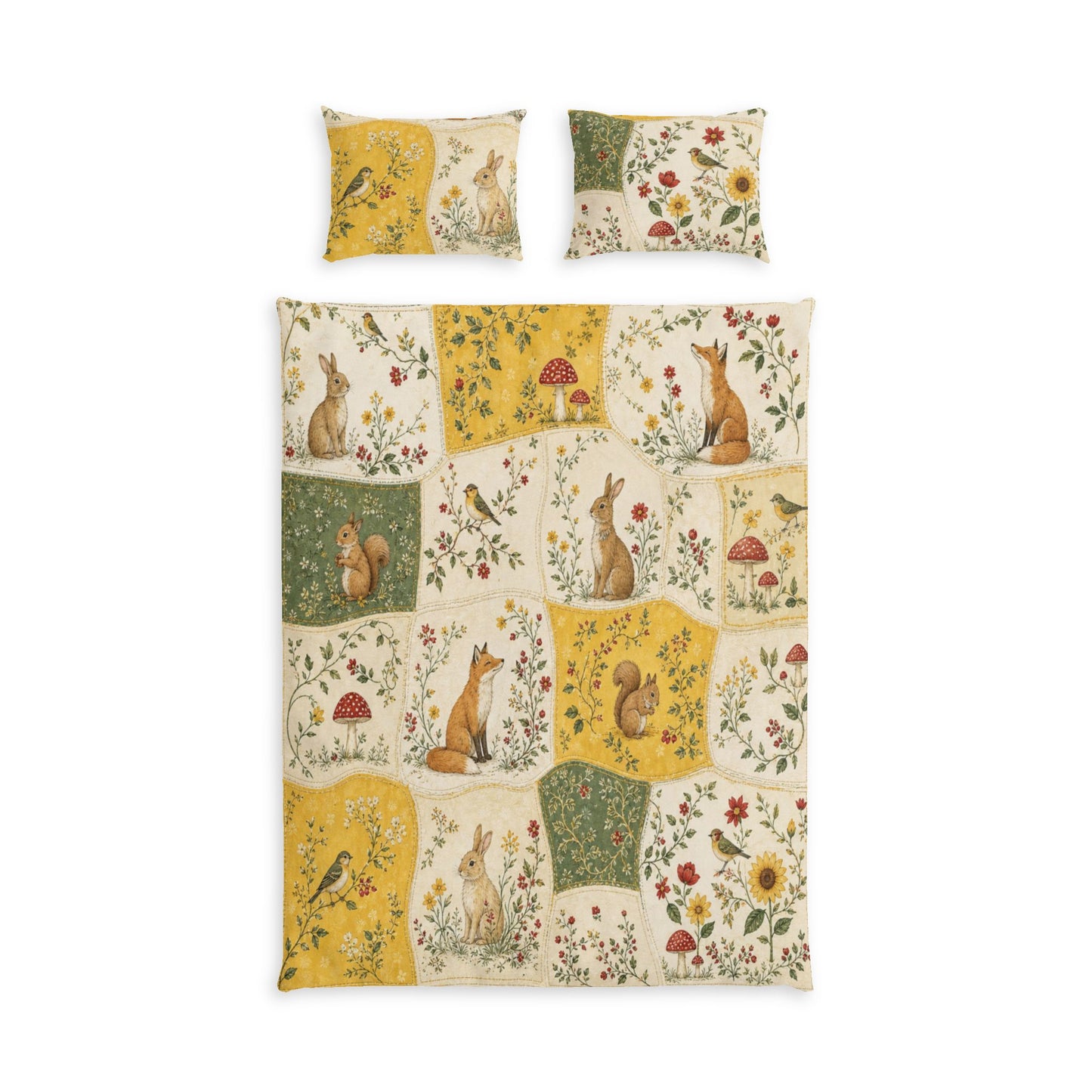 Woodland Animals Cotton Bed Set – Floral Patchwork Duvet Cover with Rabbits, Squirrels & Birds