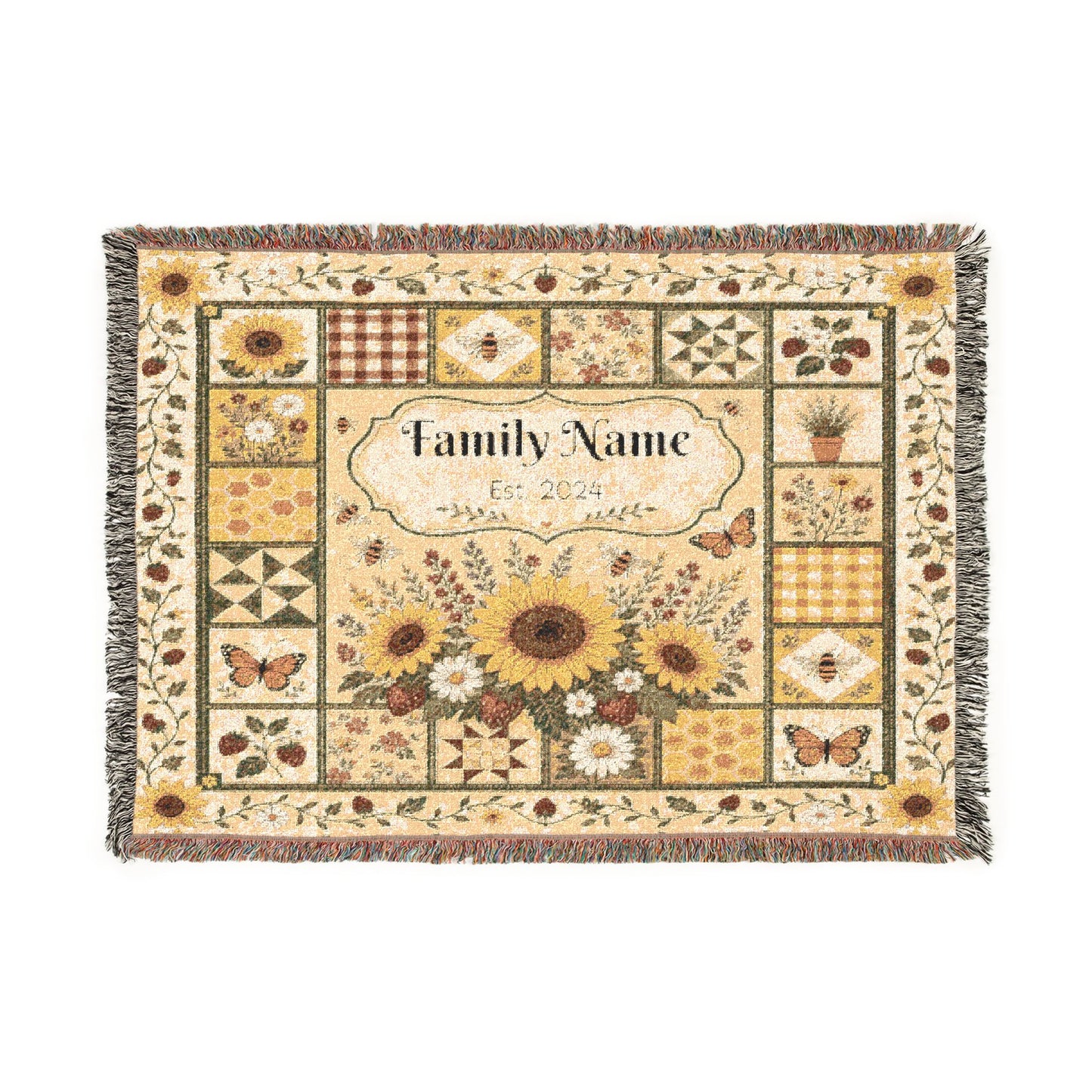 Sunflower Patchwork Woven Blanket | Family Name Personalized Throw