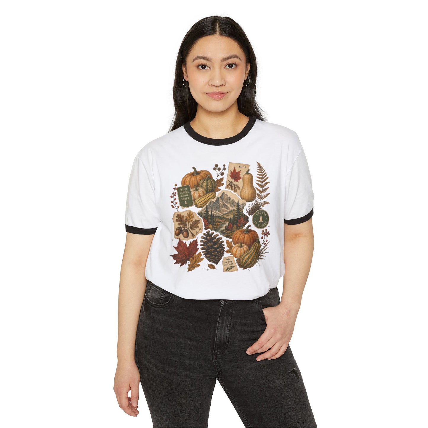 Autumn Collage Ringer Tee — Vintage Pumpkin & Fall Leaves T-Shirt