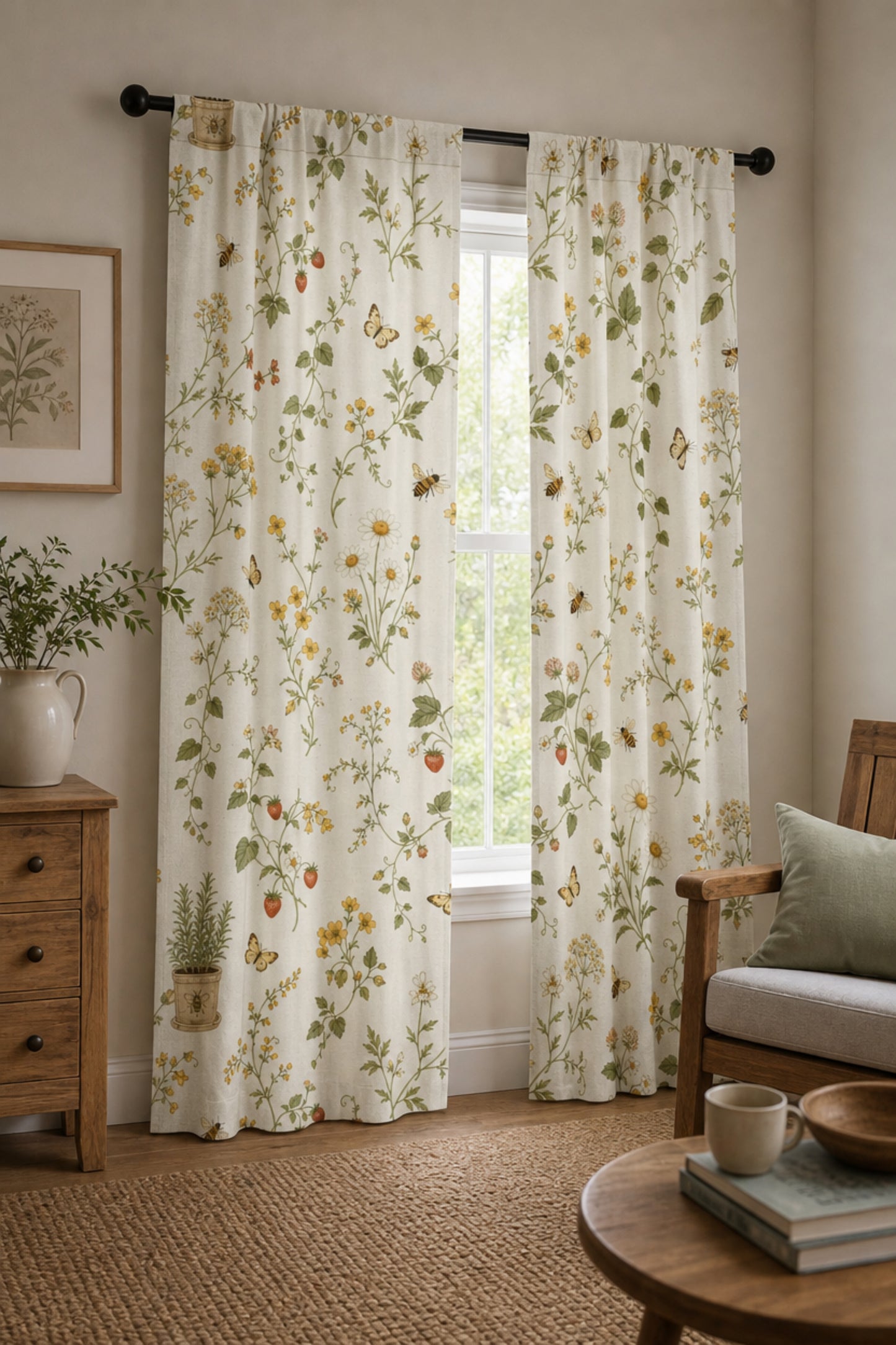 Wildflower and Butterfly Sheer Curtain | Floral Window Panel
