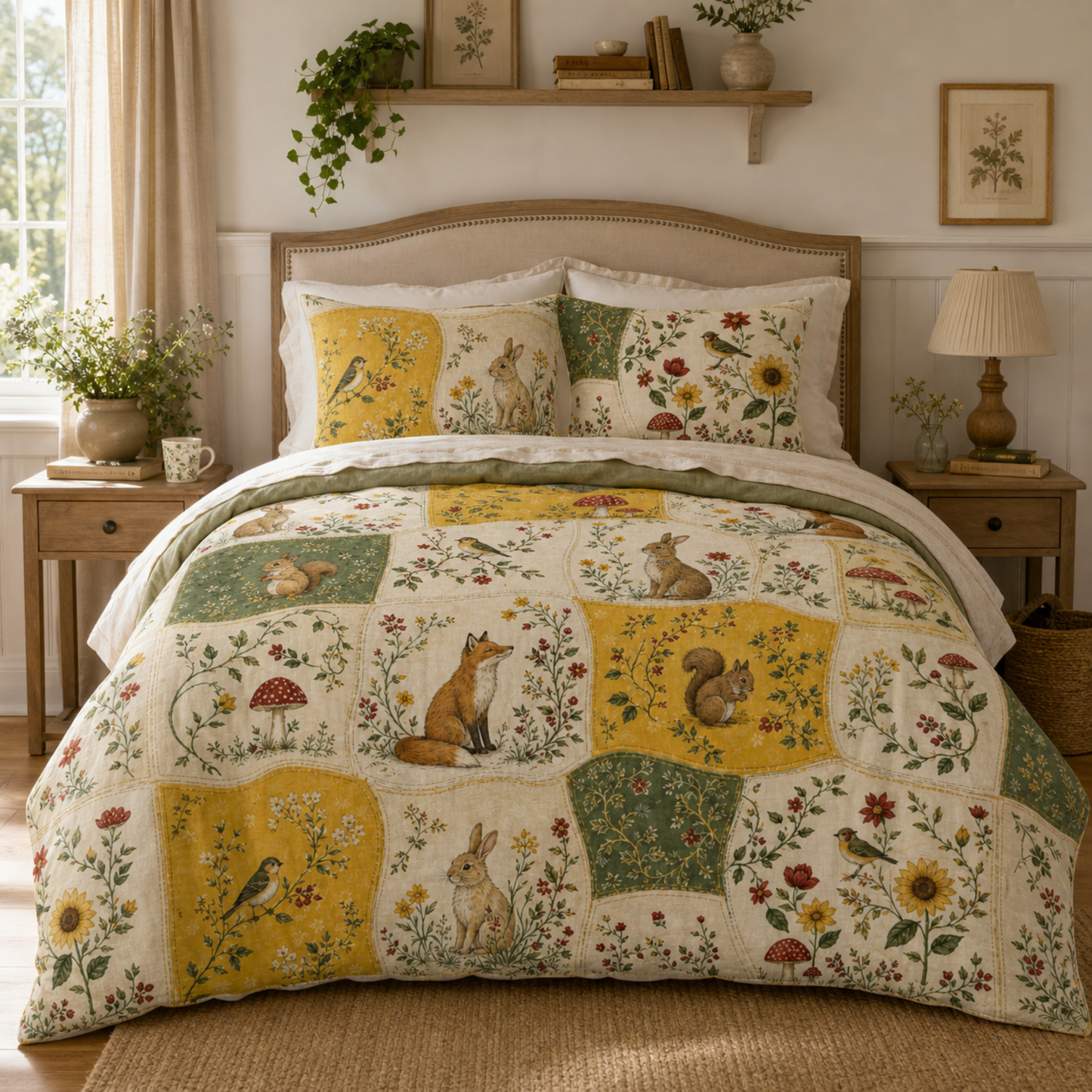Woodland Animals Cotton Bed Set – Floral Patchwork Duvet Cover with Rabbits, Squirrels & Birds