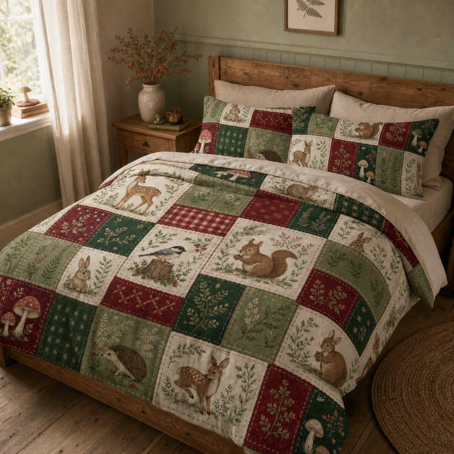 Woodland Patchwork Cotton Bed Set – Deer, Squirrel & Mushroom Duvet Cover