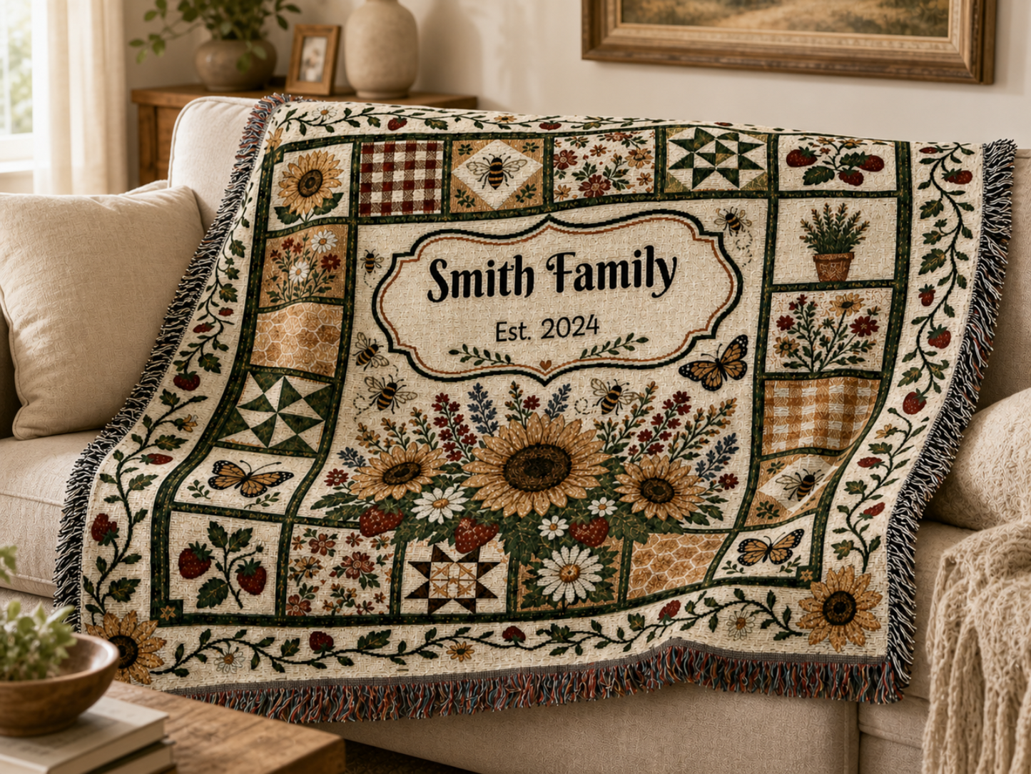 Sunflower Patchwork Woven Blanket | Family Name Personalized Throw