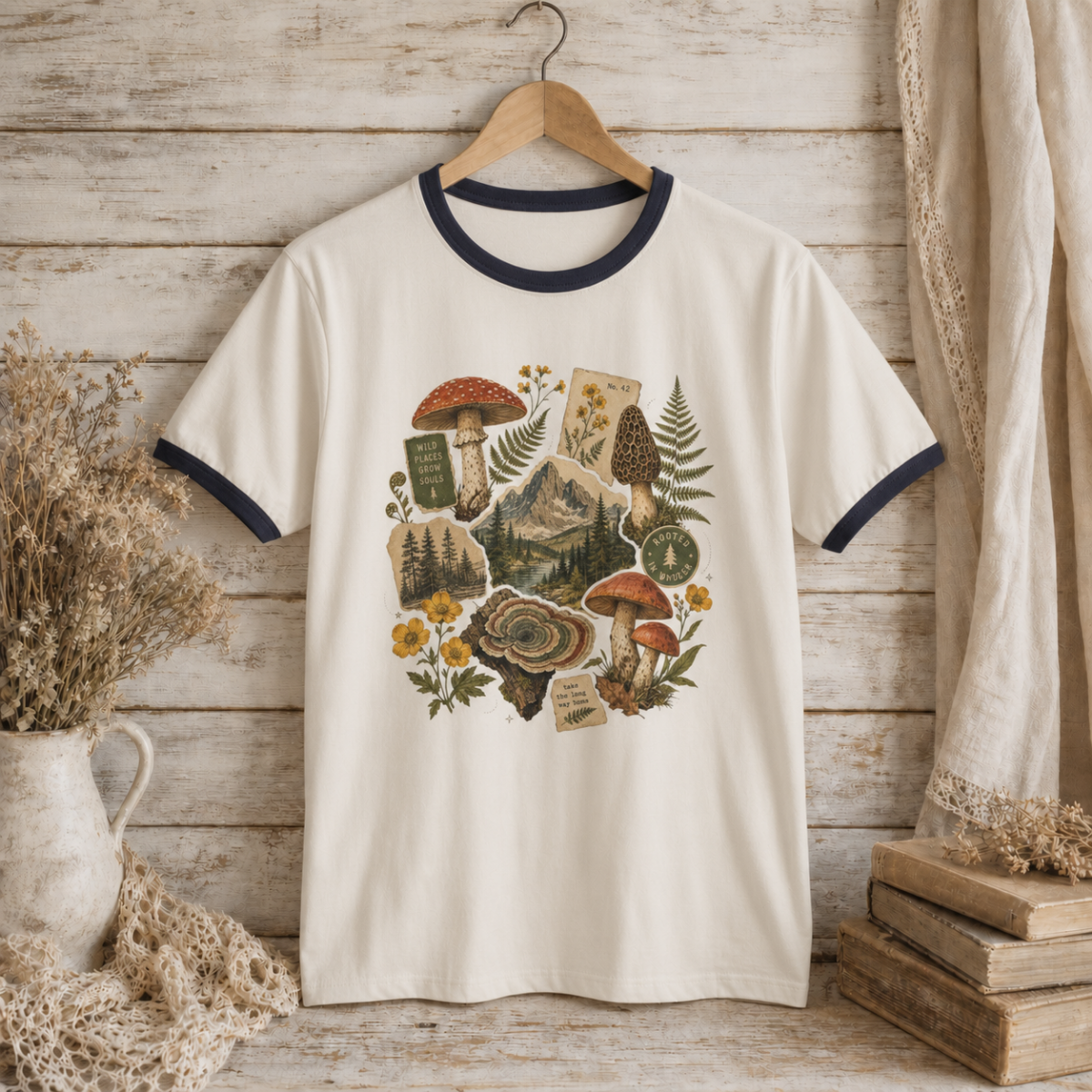 Mushroom Forager Ringer T-Shirt — Vintage Botanical Forest Tee