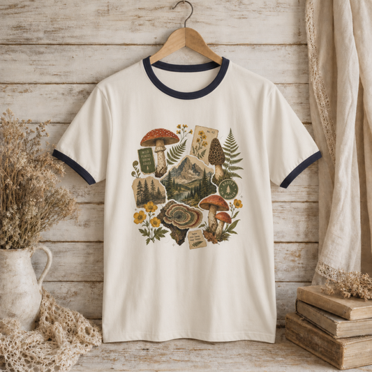 Mushroom Forager Ringer T-Shirt — Vintage Botanical Forest Tee