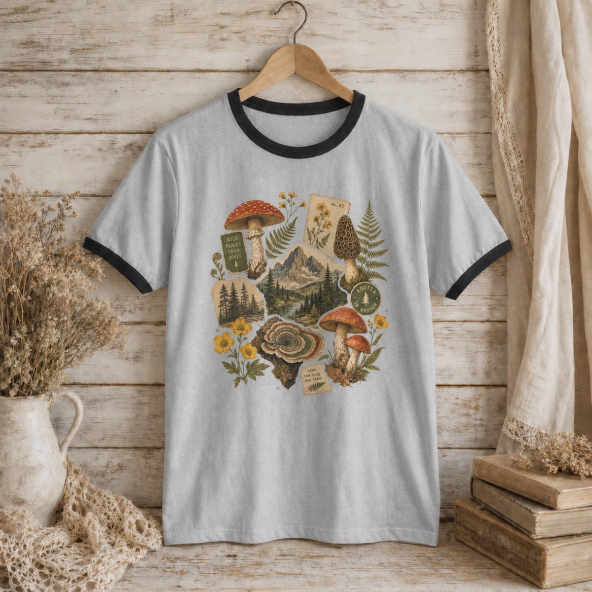 Mushroom Forager Ringer T-Shirt — Vintage Botanical Forest Tee