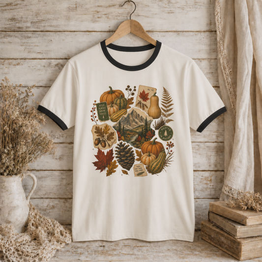 Autumn Collage Ringer Tee — Vintage Pumpkin & Fall Leaves T-Shirt