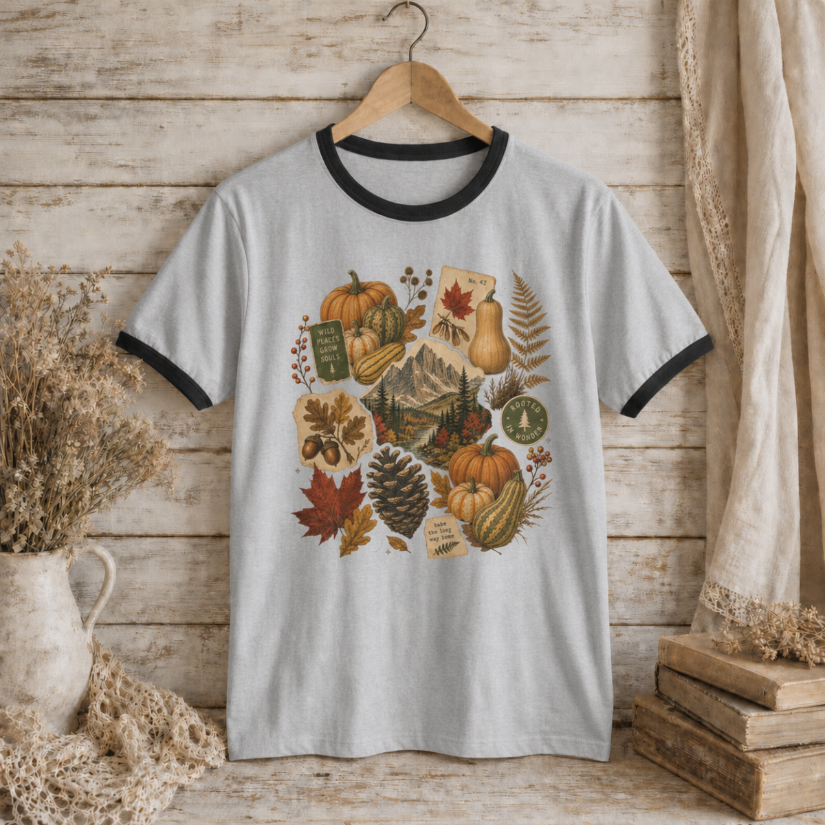 Autumn Collage Ringer Tee — Vintage Pumpkin & Fall Leaves T-Shirt