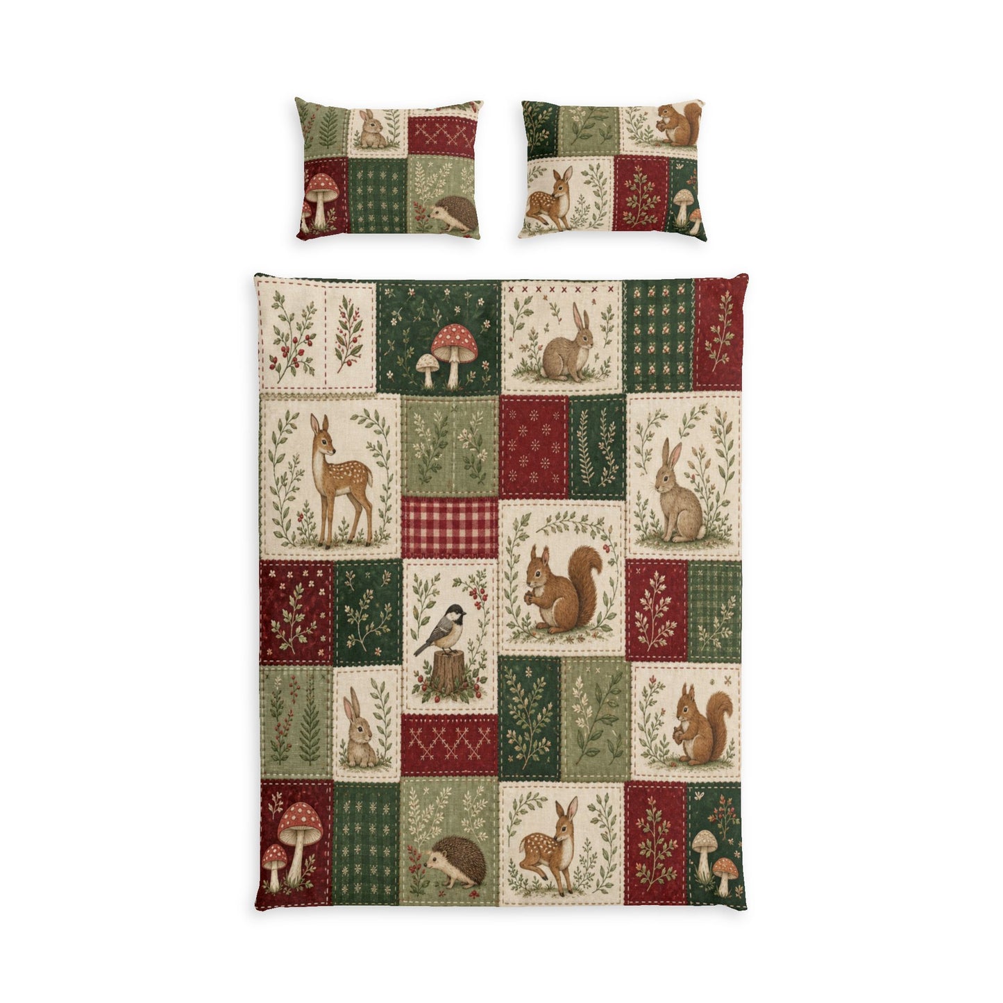 Woodland Patchwork Cotton Bed Set – Deer, Squirrel & Mushroom Duvet Cover
