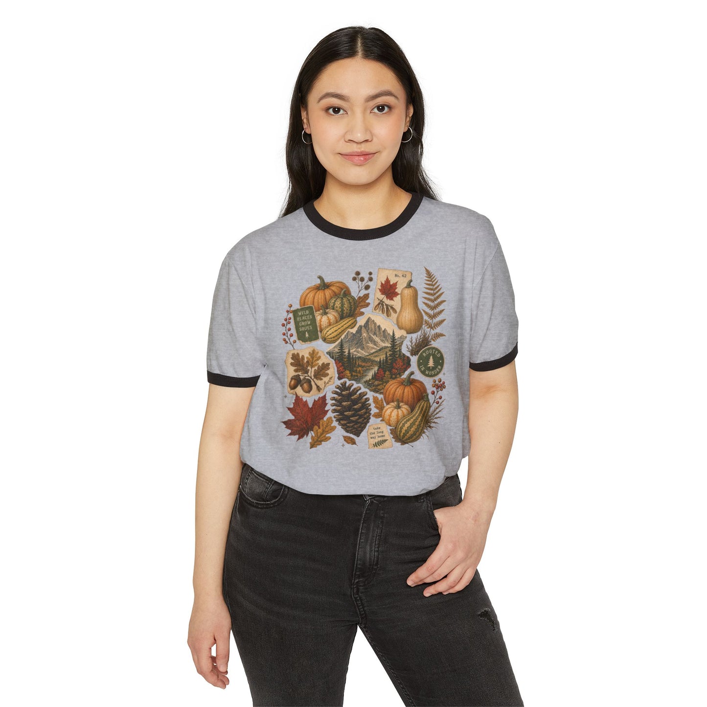 Autumn Collage Ringer Tee — Vintage Pumpkin & Fall Leaves T-Shirt