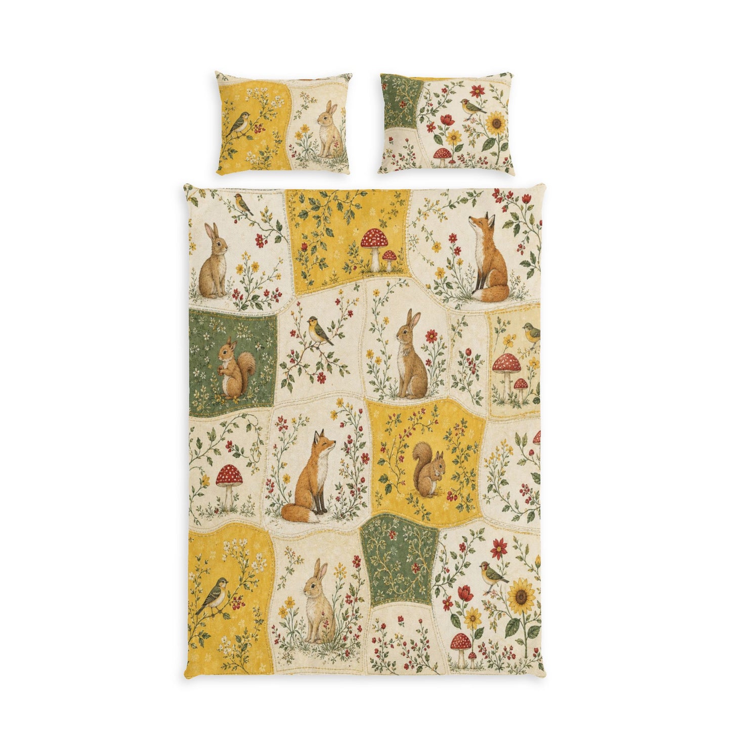 Woodland Animals Cotton Bed Set – Floral Patchwork Duvet Cover with Rabbits, Squirrels & Birds
