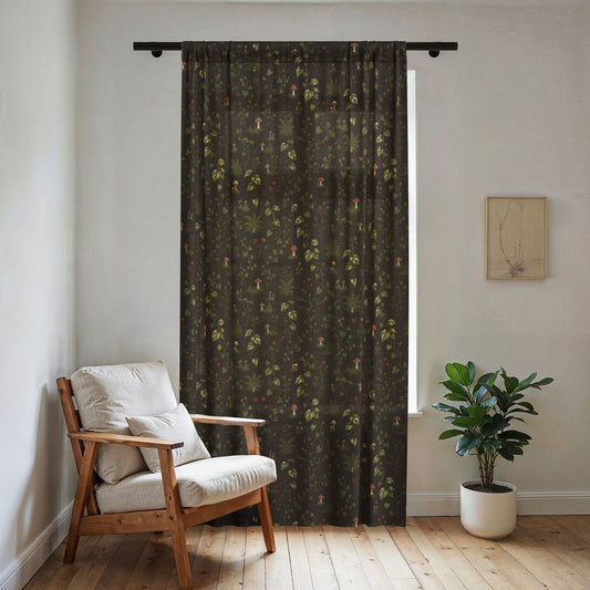 Botanical Night Sheer Curtain — Dark Forest Plant Pattern Window Panel
