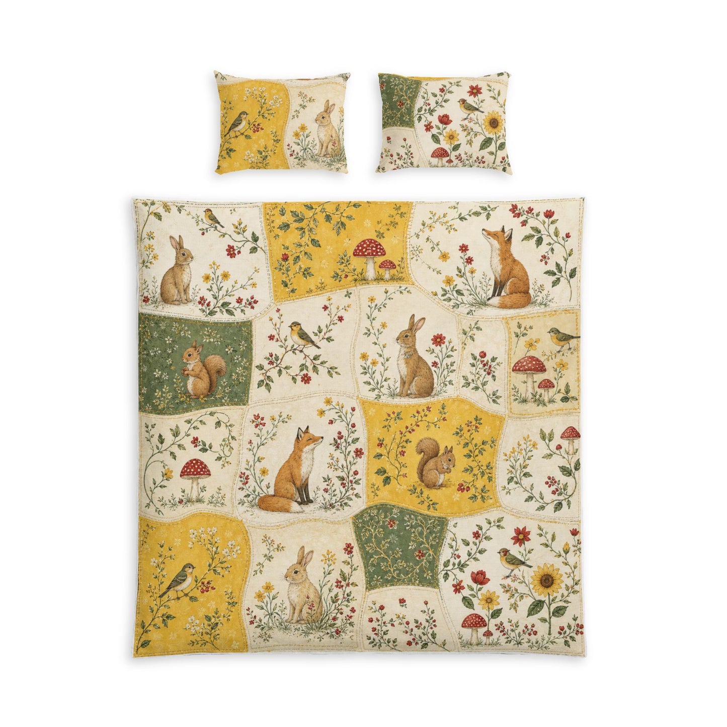 Woodland Animals Cotton Bed Set – Floral Patchwork Duvet Cover with Rabbits, Squirrels & Birds