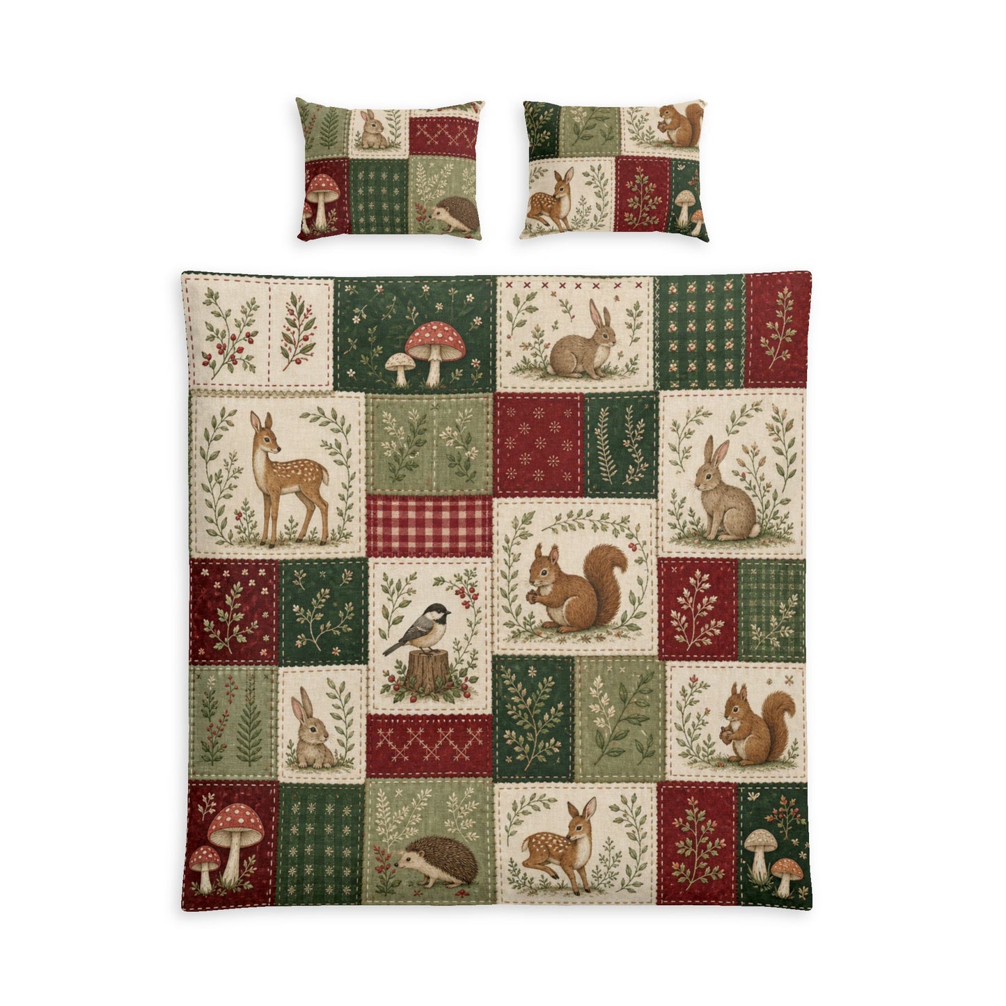 Woodland Patchwork Cotton Bed Set – Deer, Squirrel & Mushroom Duvet Cover